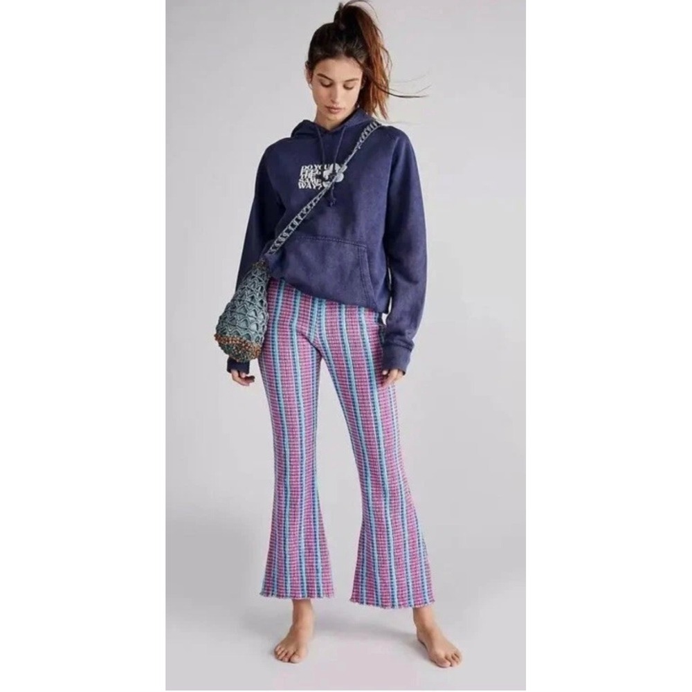 Free People Fine Line Slim Smocked Flare Pants Pink Teal Stripe Womens Large